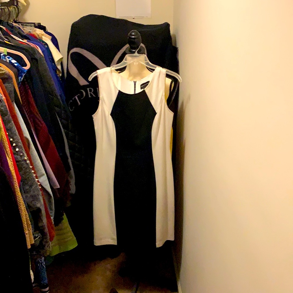 Black and white leather look dress